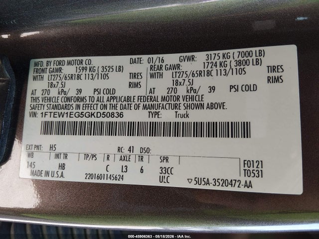 Продаж на аукціоні авто 2016 Ford F-150 Lariat, vin: 1FTEW1EG5GKD50836, номер лоту: 45906363