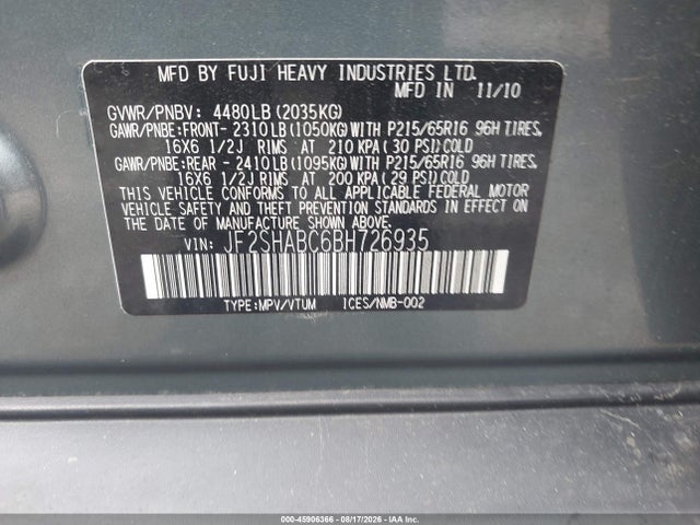 45906366 :رقم المزاد ، JF2SHABC6BH726935 vin ، 2011 Subaru Forester 2.5x مزاد بيع