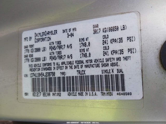 Продажа на аукционе авто 2004 Dodge Ram 1500 Slt/laramie, vin: 1D7HU18N54J239790, номер лота: 45906367