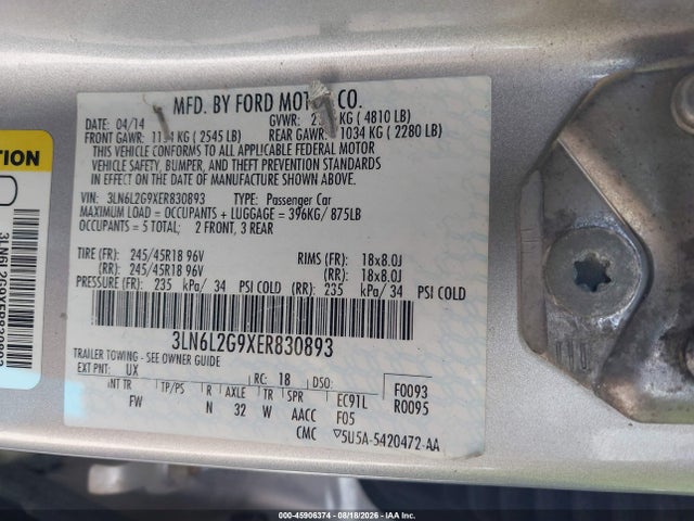 2014 Lincoln Mkz მანქანა იყიდება აუქციონზე, vin: 3LN6L2G9XER830893, აუქციონის ნომერი: 45906374