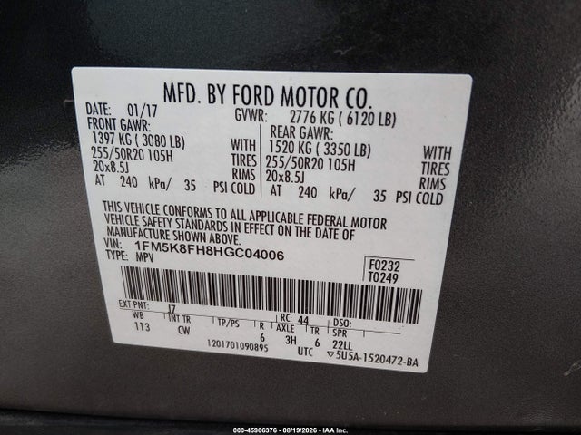 Продажа на аукционе авто 2017 Ford Explorer Limited, vin: 1FM5K8FH8HGC04006, номер лота: 45906376