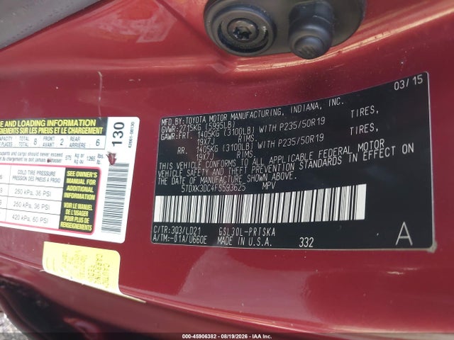 Aukcja sprzedaży 2015 Toyota Sienna Se 8 Passenger, vin: 5TDXK3DC4FS593625, numer aukcji: 45906382