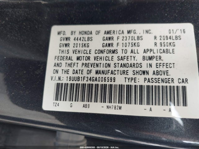 Продаж на аукціоні авто 2016 Acura Tlx, vin: 19UUB1F34GA006599, номер лоту: 45906388