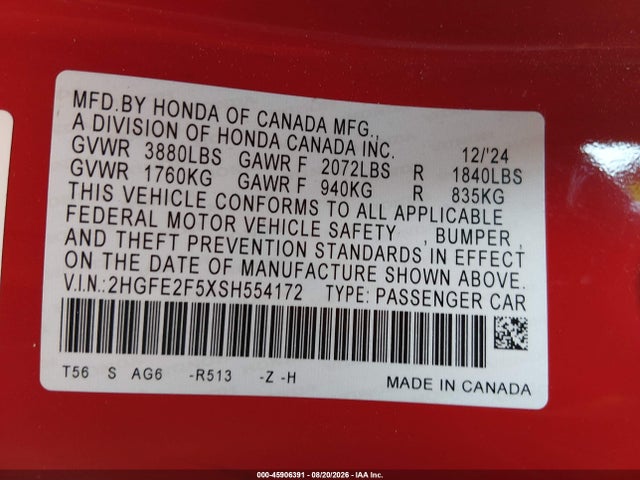 Aukcja sprzedaży 2025 Honda Civic Sport, vin: 2HGFE2F5XSH554172, numer aukcji: 45906391