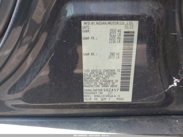 2013 Nissan Altima 2.5 Sl მანქანა იყიდება აუქციონზე, vin: 1N4AL3AP1DN502457, აუქციონის ნომერი: 45906393