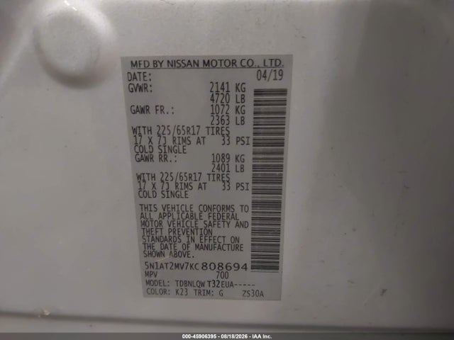 45906395 :رقم المزاد ، 5N1AT2MV7KC808694 vin ، 2019 Nissan Rogue Sv مزاد بيع