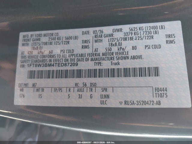 2026 Ford F-350 Xl მანქანა იყიდება აუქციონზე, vin: 1FT8W3BM4TED87209, აუქციონის ნომერი: 45906397