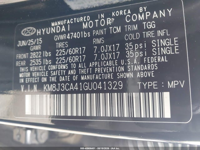 Продажа на аукционе авто 2016 Hyundai Tucson Se, vin: KM8J3CA41GU041329, номер лота: 45906401