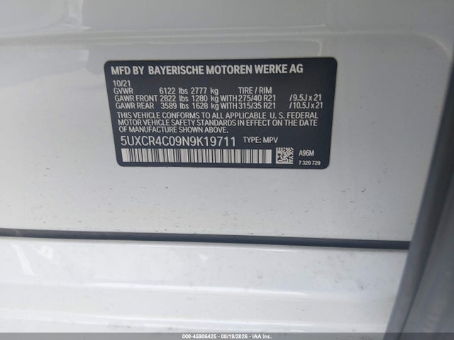 Auction sale of the 2022 Bmw X5 Sdrive40i, vin: 5UXCR4C09N9K19711, lot number: 45906425