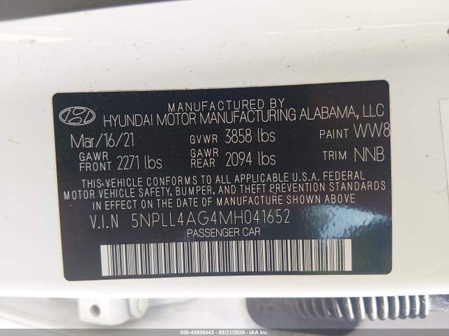 2021 Hyundai Elantra Se მანქანა იყიდება აუქციონზე, vin: 5NPLL4AG4MH041652, აუქციონის ნომერი: 45906443