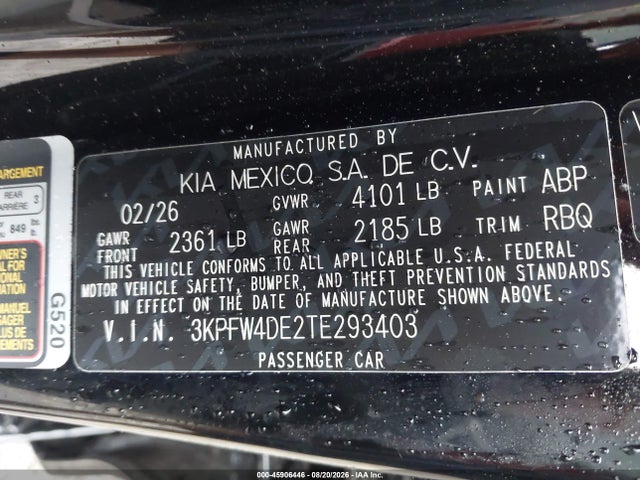 45906446 :رقم المزاد ، 3KPFW4DE2TE293403 vin ، 2026 Kia K4 Gt-line مزاد بيع