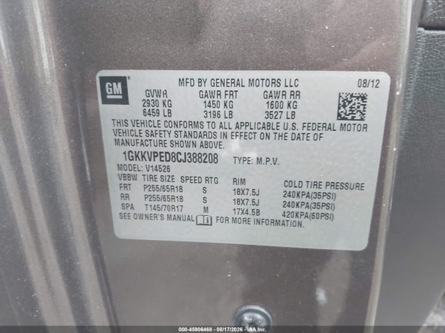 45906468 :رقم المزاد ، 1GKKVPED8CJ388208 vin ، 2012 Gmc Acadia Sle مزاد بيع