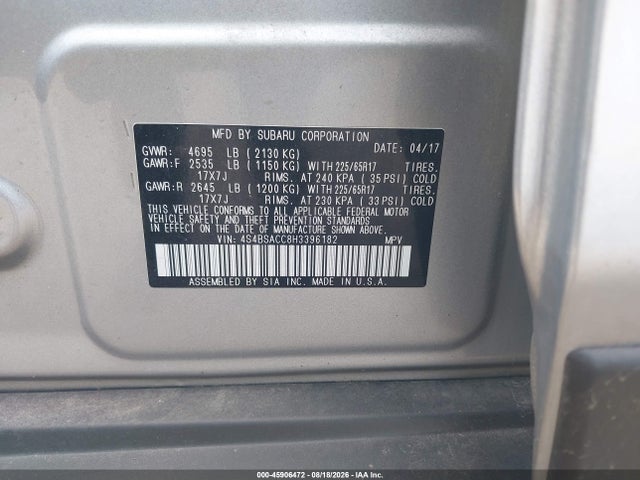 Продаж на аукціоні авто 2017 Subaru Outback 2.5i Premium, vin: 4S4BSACC8H3396182, номер лоту: 45906472
