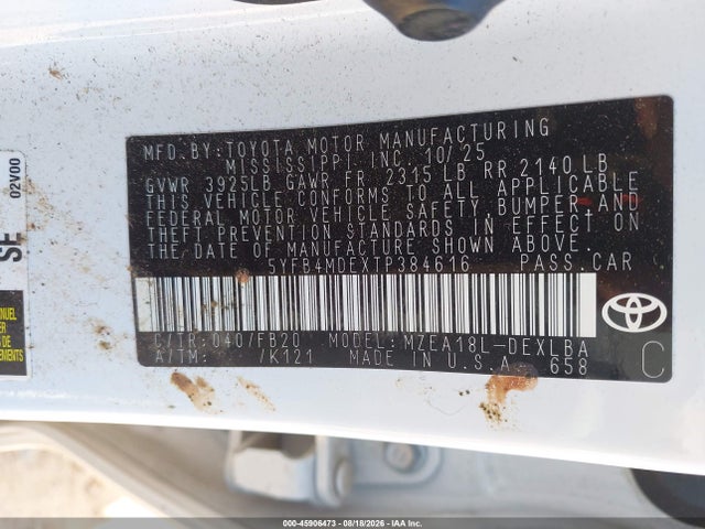 Продажа на аукционе авто 2026 Toyota Corolla Le, vin: 5YFB4MDEXTP384616, номер лота: 45906473