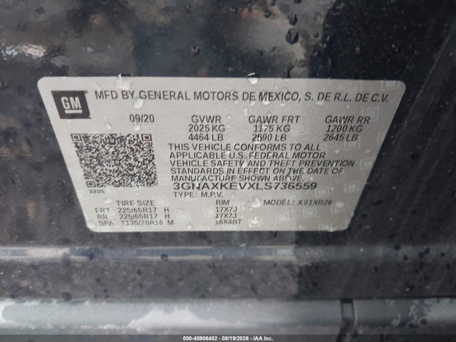 Aukcja sprzedaży 2020 Chevrolet Equinox Fwd Lt 1.5l Turbo, vin: 3GNAXKEVXLS736559, numer aukcji: 45906482