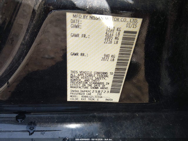 Aukcja sprzedaży 2015 Nissan Altima 2.5/2.5 S/2.5 Sl/2.5 Sv, vin: 1N4AL3AP4FC258723, numer aukcji: 45906485