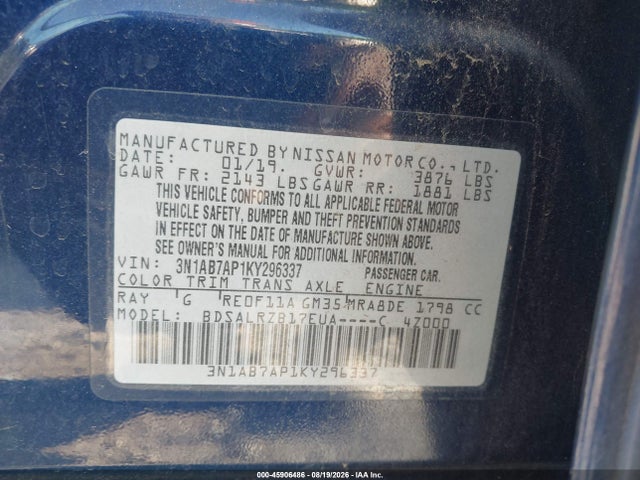 45906486 :رقم المزاد ، 3N1AB7AP1KY296337 vin ، 2019 Nissan Sentra Sr مزاد بيع