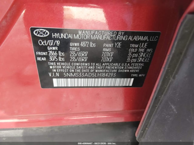 Aukcja sprzedaży 2020 Hyundai Santa Fe Sel, vin: 5NMS33AD5LH184293, numer aukcji: 45906487