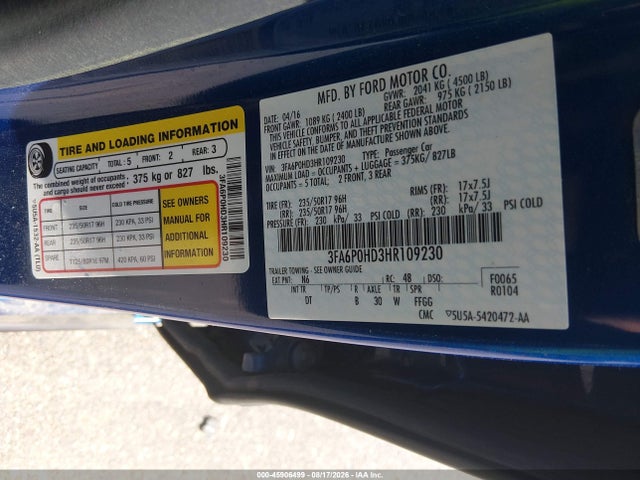 Ford FUSION SE 2017 3FA6P0HD3HR109230 Image 9