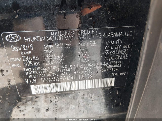 Продаж на аукціоні авто 2020 Hyundai Santa Fe Se, vin: 5NMS23AD4LH181081, номер лоту: 45906501