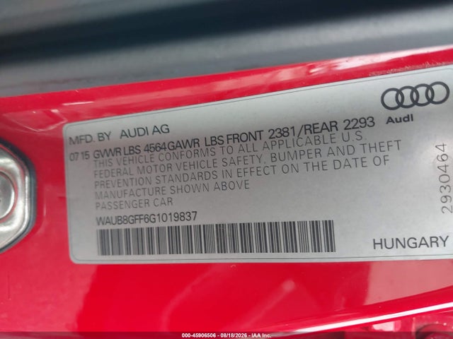 45906506 :رقم المزاد ، WAUB8GFF6G1019837 vin ، 2016 Audi A3 2.0t Premium مزاد بيع