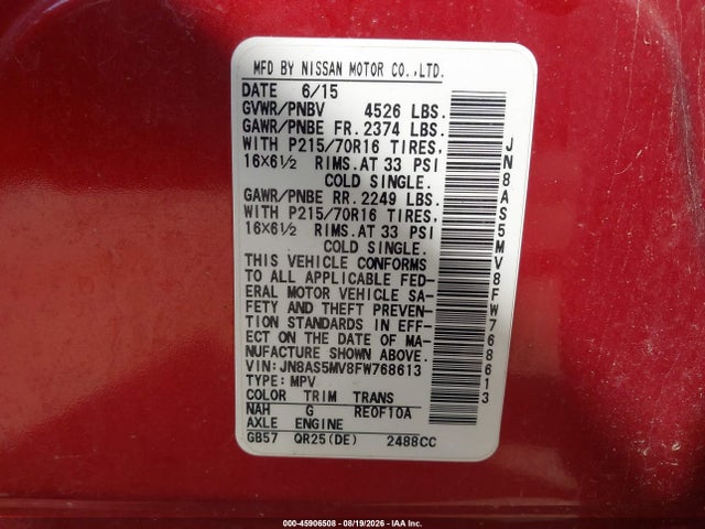 2015 Nissan Rogue Select S მანქანა იყიდება აუქციონზე, vin: JN8AS5MV8FW768613, აუქციონის ნომერი: 45906508