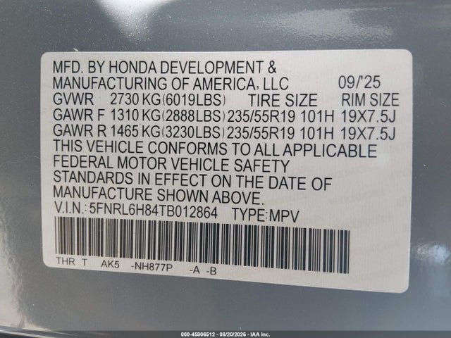 Продажа на аукционе авто 2026 Honda Odyssey Touring, vin: 5FNRL6H84TB012864, номер лота: 45906512