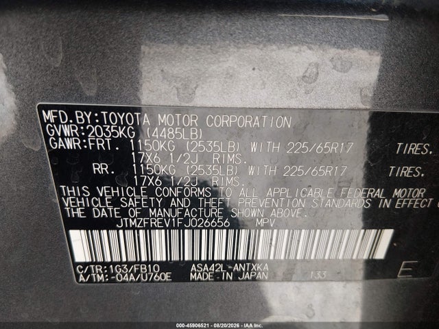 Aukcja sprzedaży 2015 Toyota Rav4 Le, vin: JTMZFREV1FJ026656, numer aukcji: 45906521