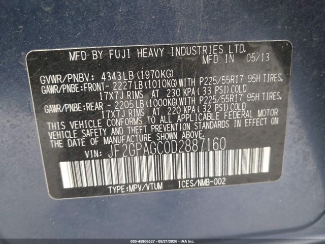 45906527 :رقم المزاد ، JF2GPAGC0D2887160 vin ، 2013 Subaru Xv Crosstrek 2.0i Limited مزاد بيع