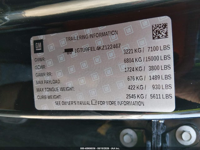 45906536 :رقم المزاد ، 1GTU9FEL4KZ122467 vin ، 2019 Gmc Sierra 1500 Denali مزاد بيع
