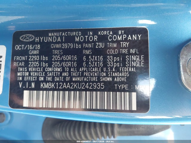 Продаж на аукціоні авто 2019 Hyundai Kona Se, vin: KM8K12AA2KU242935, номер лоту: 45906537