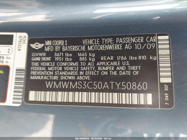 Продаж на аукціоні авто 2010 Mini Cooper S, vin: WMWMS3C50ATY50860, номер лоту: 45906539