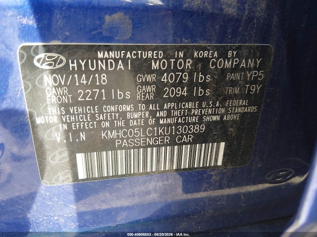 Aukcja sprzedaży 2019 Hyundai Ioniq Hybrid Limited, vin: KMHC05LC1KU130389, numer aukcji: 45906553