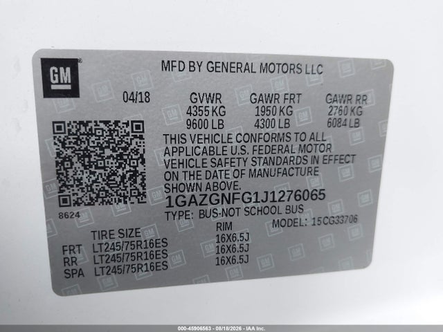 Продажа на аукционе авто 2018 Chevrolet Express 3500 Ls, vin: 1GAZGNFG1J1276065, номер лота: 45906563