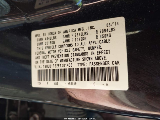 45906573 :رقم المزاد ، 19UUB1F32FA001433 vin ، 2015 Acura Tlx مزاد بيع
