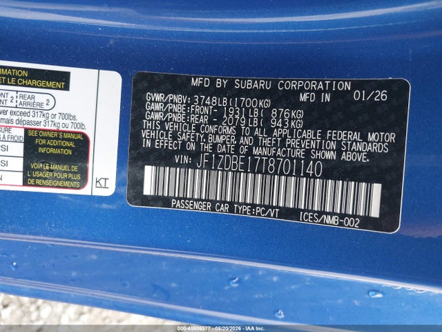 Продаж на аукціоні авто 2026 Subaru Brz Limited, vin: JF1ZDBE17T8701140, номер лоту: 45906577