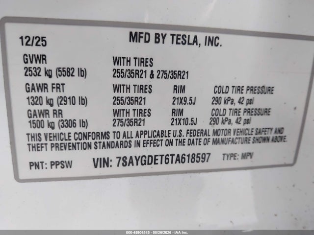 2026 Tesla Model Y Performance All-wheel Drive მანქანა იყიდება აუქციონზე, vin: 7SAYGDET6TA618597, აუქციონის ნომერი: 45906585