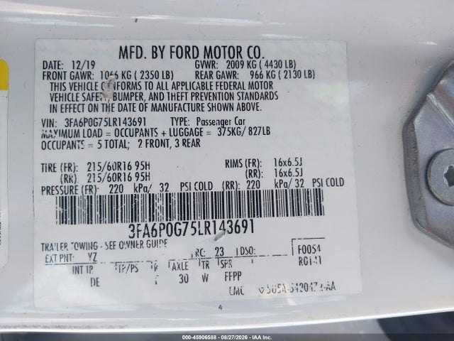 2020 Ford Fusion S მანქანა იყიდება აუქციონზე, vin: 3FA6P0G75LR143691, აუქციონის ნომერი: 45906588