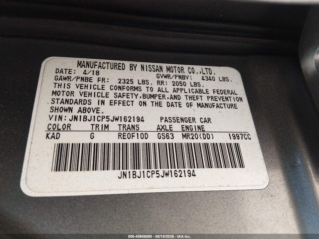 Aukcja sprzedaży 2018 Nissan Rogue Sport S, vin: JN1BJ1CP5JW162194, numer aukcji: 45906590