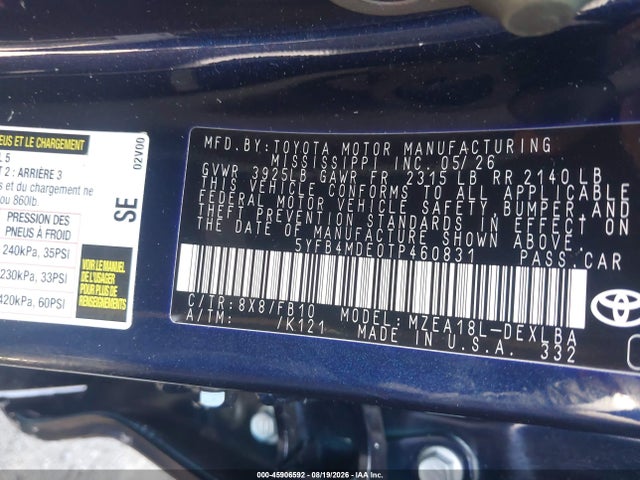 Aukcja sprzedaży 2026 Toyota Corolla Le, vin: 5YFB4MDE0TP460831, numer aukcji: 45906592