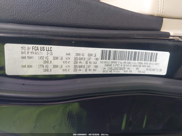 Продаж на аукціоні авто 2016 Dodge Durango Limited, vin: 1C4RDJDGXGC360278, номер лоту: 45906603