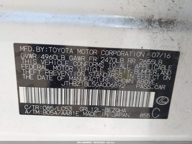 45906609 :رقم المزاد ، JTHBZ1BL5GA006892 vin ، 2016 Lexus Gs 350 مزاد بيع