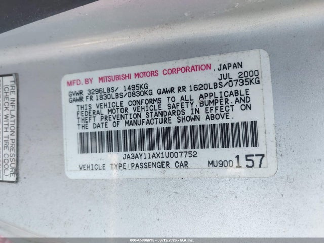Auction sale of the 2001 Mitsubishi Mirage De, vin: JA3AY11AX1U007752, lot number: 45906615