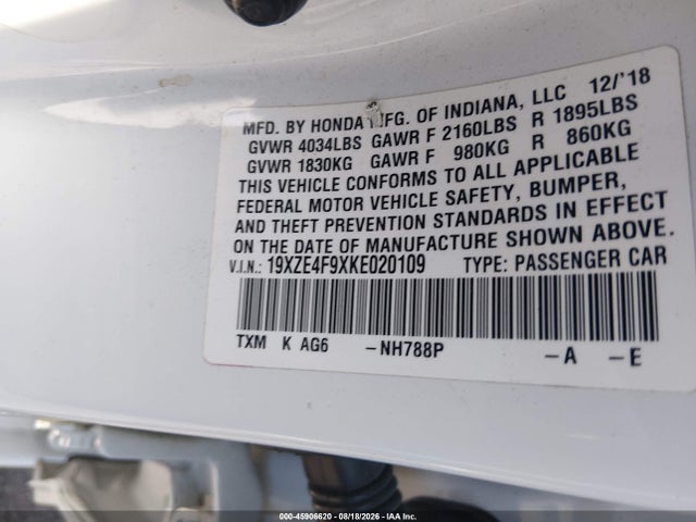 Продаж на аукціоні авто 2019 Honda Insight Touring, vin: 19XZE4F9XKE020109, номер лоту: 45906620