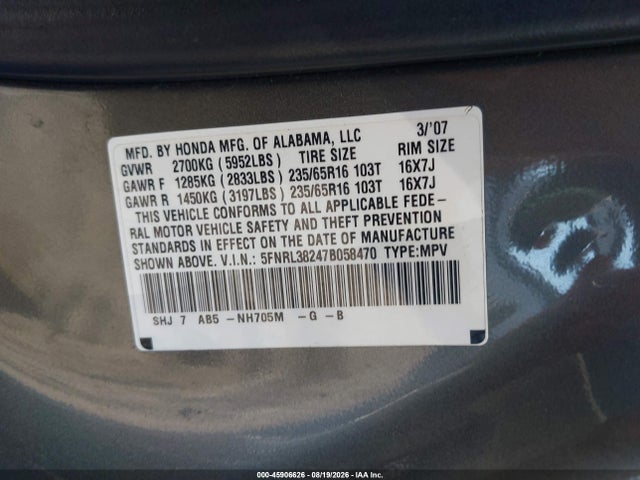 Aukcja sprzedaży 2007 Honda Odyssey Lx, vin: 5FNRL38247B058470, numer aukcji: 45906626