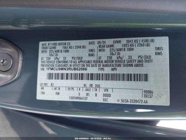 Продажа на аукционе авто 2024 Ford Escape St-line, vin: 1FMCU9MN3RUB62086, номер лота: 45906638