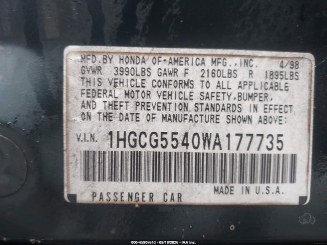 45906643 :رقم المزاد ، 1HGCG5540WA177735 vin ، 1998 Honda Accord Lx مزاد بيع