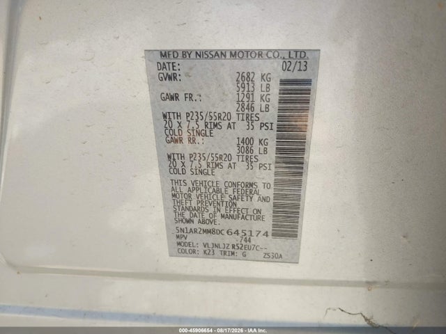 Продажа на аукционе авто 2013 Nissan Pathfinder Platinum, vin: 5N1AR2MM8DC645174, номер лота: 45906654