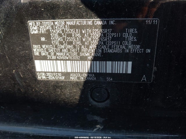 Auction sale of the 2011 Toyota Rav4, vin: 2T3BF4DV6BW163092, lot number: 45906656