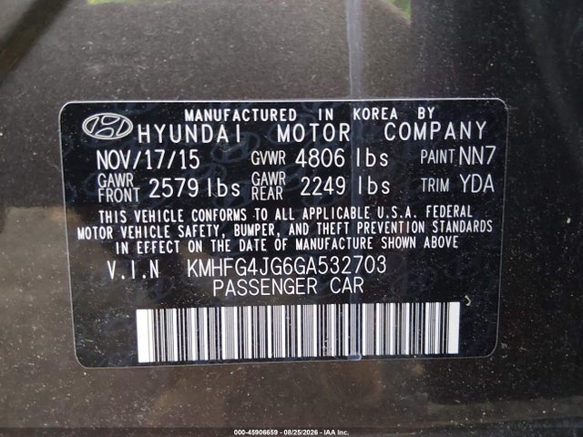 2016 Hyundai Azera მანქანა იყიდება აუქციონზე, vin: KMHFG4JG6GA532703, აუქციონის ნომერი: 45906659